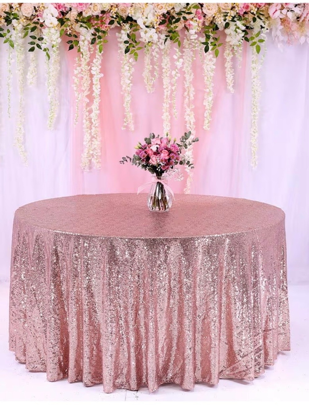Rose Gold Sequin Round Tablecloth 72”